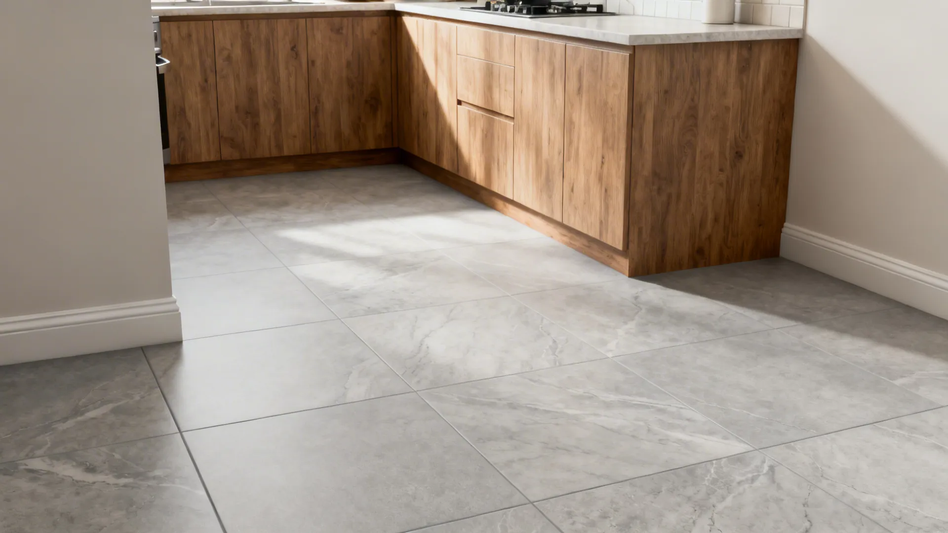 Matte stone-look porcelain floor in a small Indian kitchen with low-glare finish.