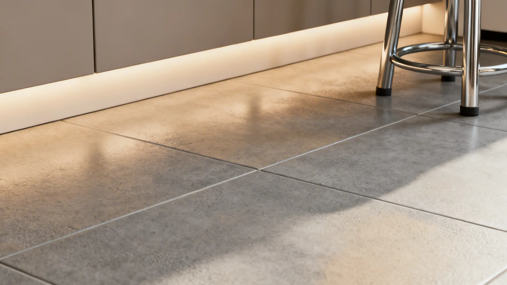 Macro view of warm grey matte porcelain kitchen floor tiles with subtle anti-skid texture.