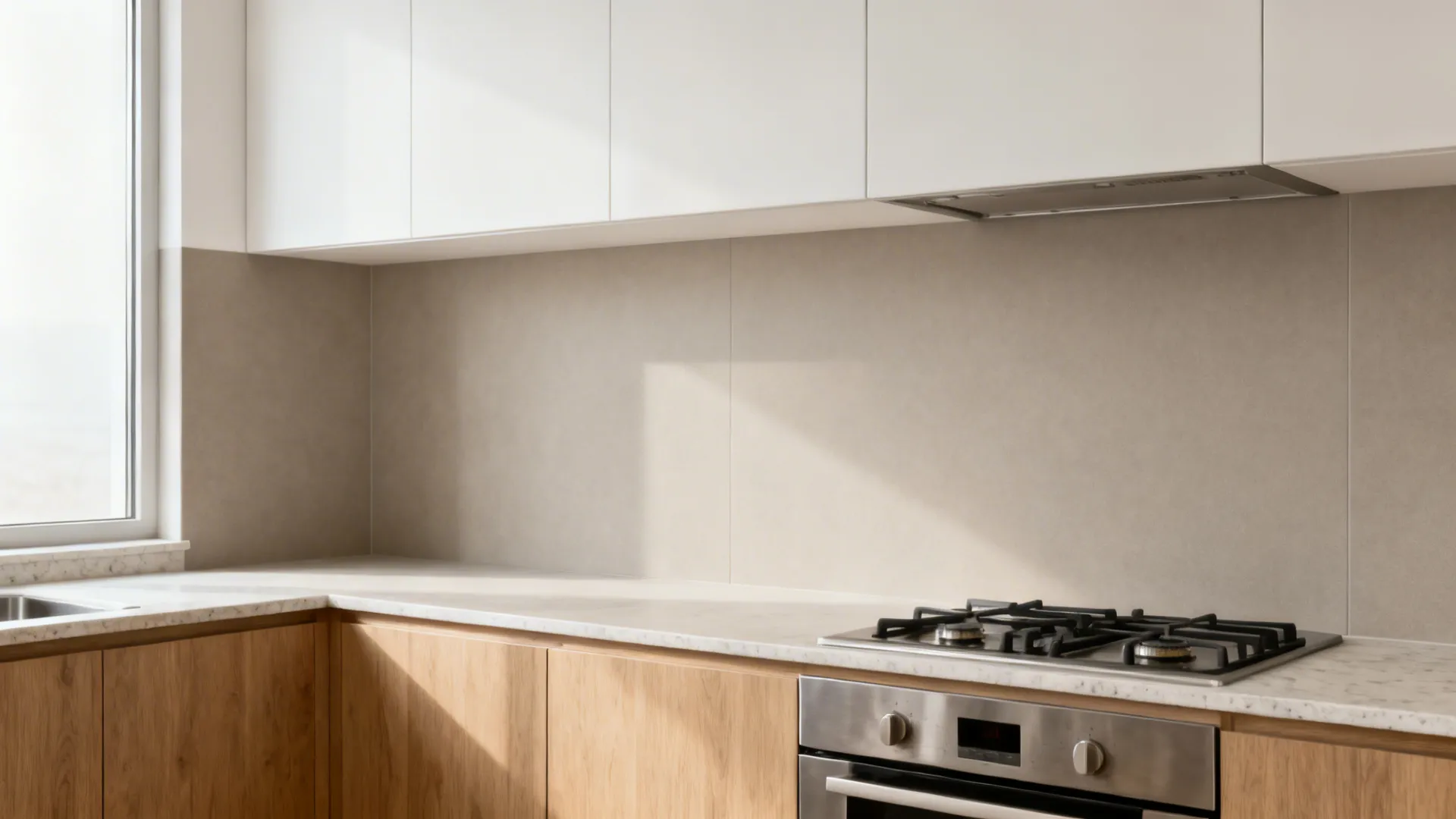 Narrow galley kitchen with large-format matte porcelain backsplash and minimal grout lines.