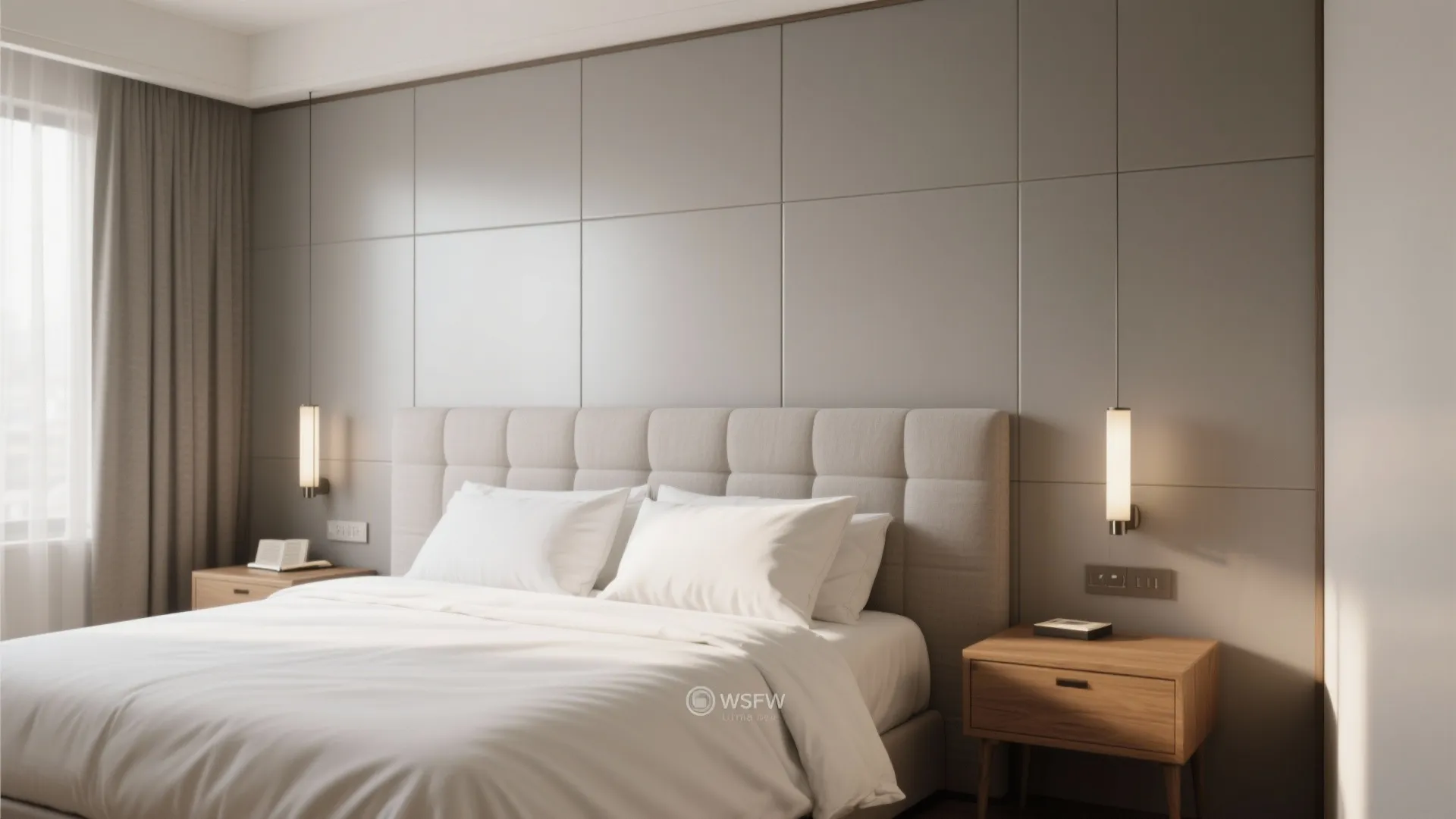 Matte porcelain panels behind the headboard