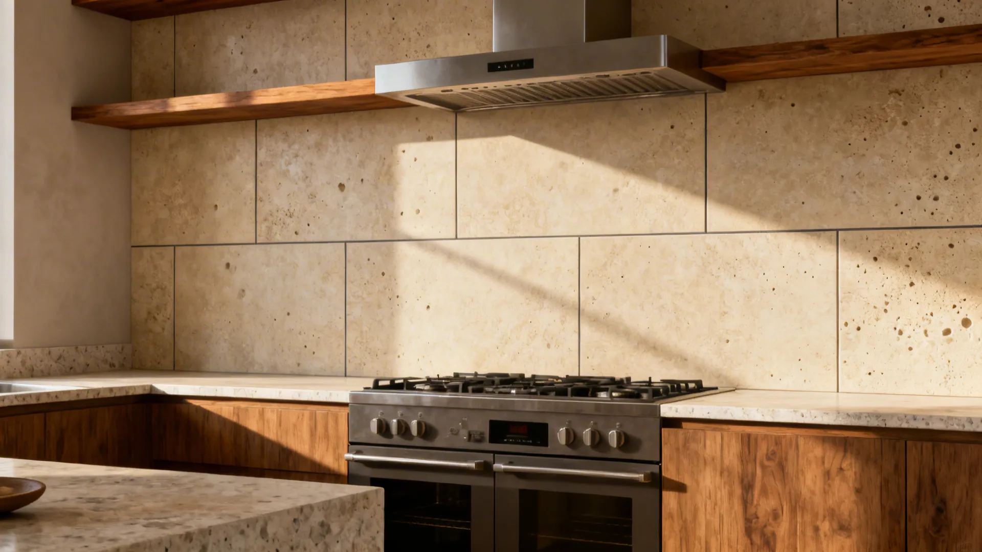 Warm limestone-look matte porcelain backsplash in large-format tiles with minimal grout.