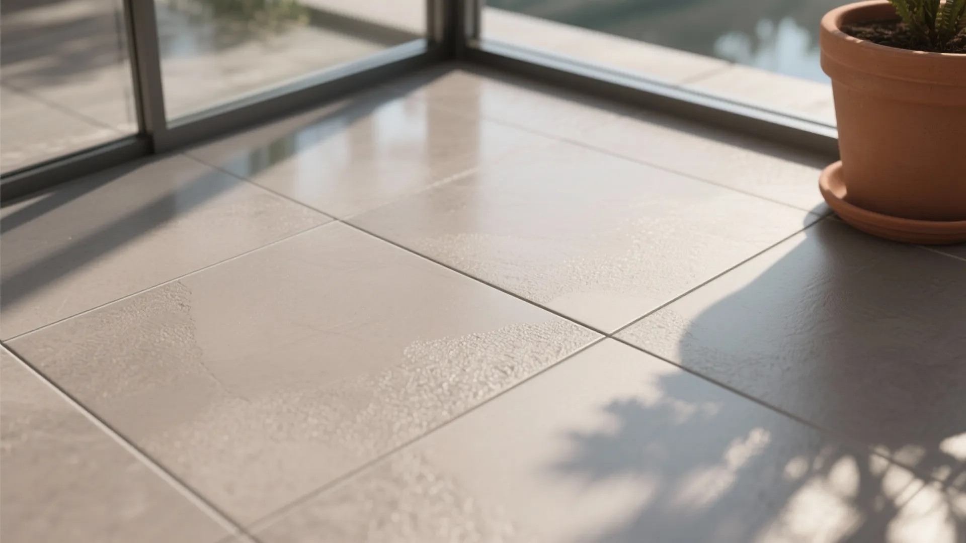 Macro of structured matte porcelain tile surface with subtle grout line and soft daylight.