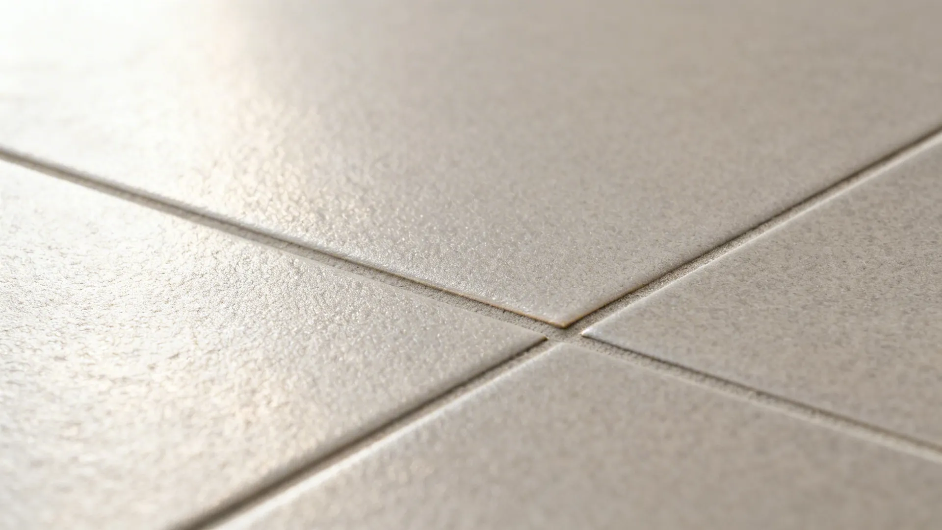 Macro of light gray soft-matte porcelain tile with tight grout and subtle texture under soft daylight.