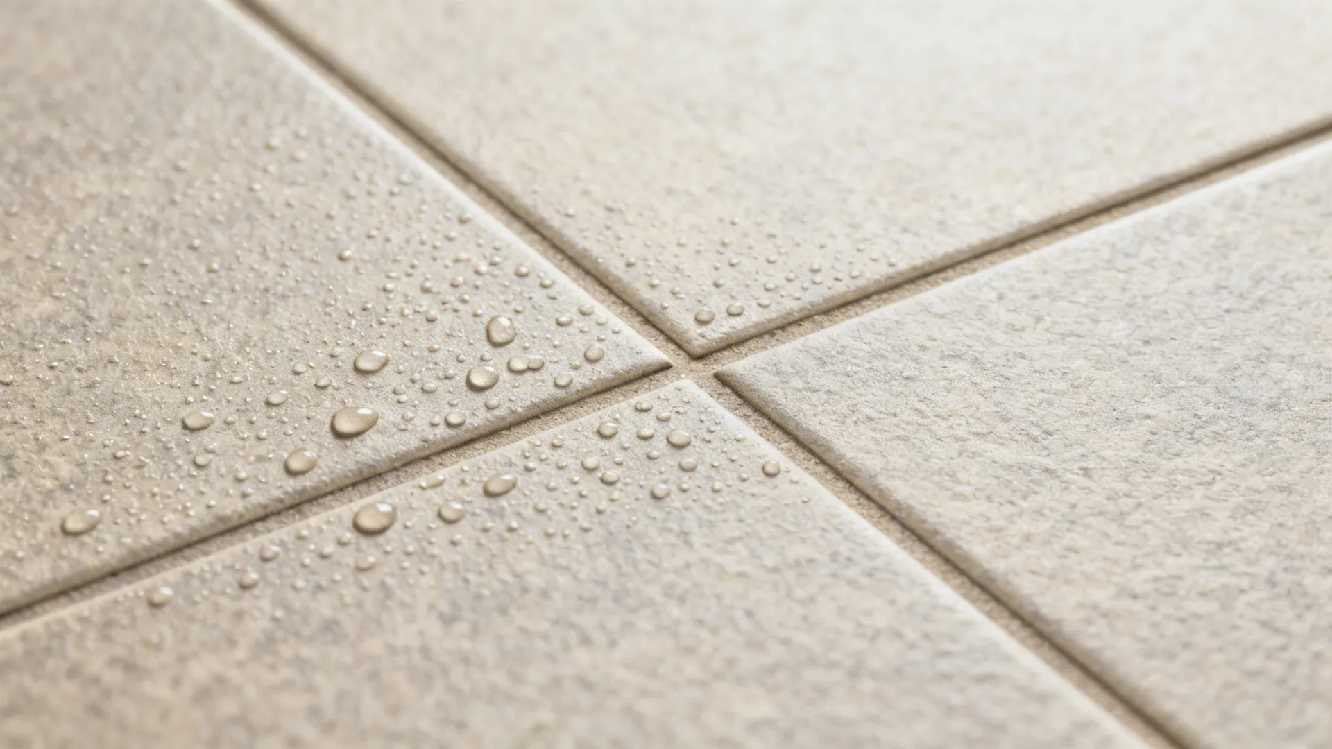 Close up view of light matte floor tiles with clear water droplets on the textured surface