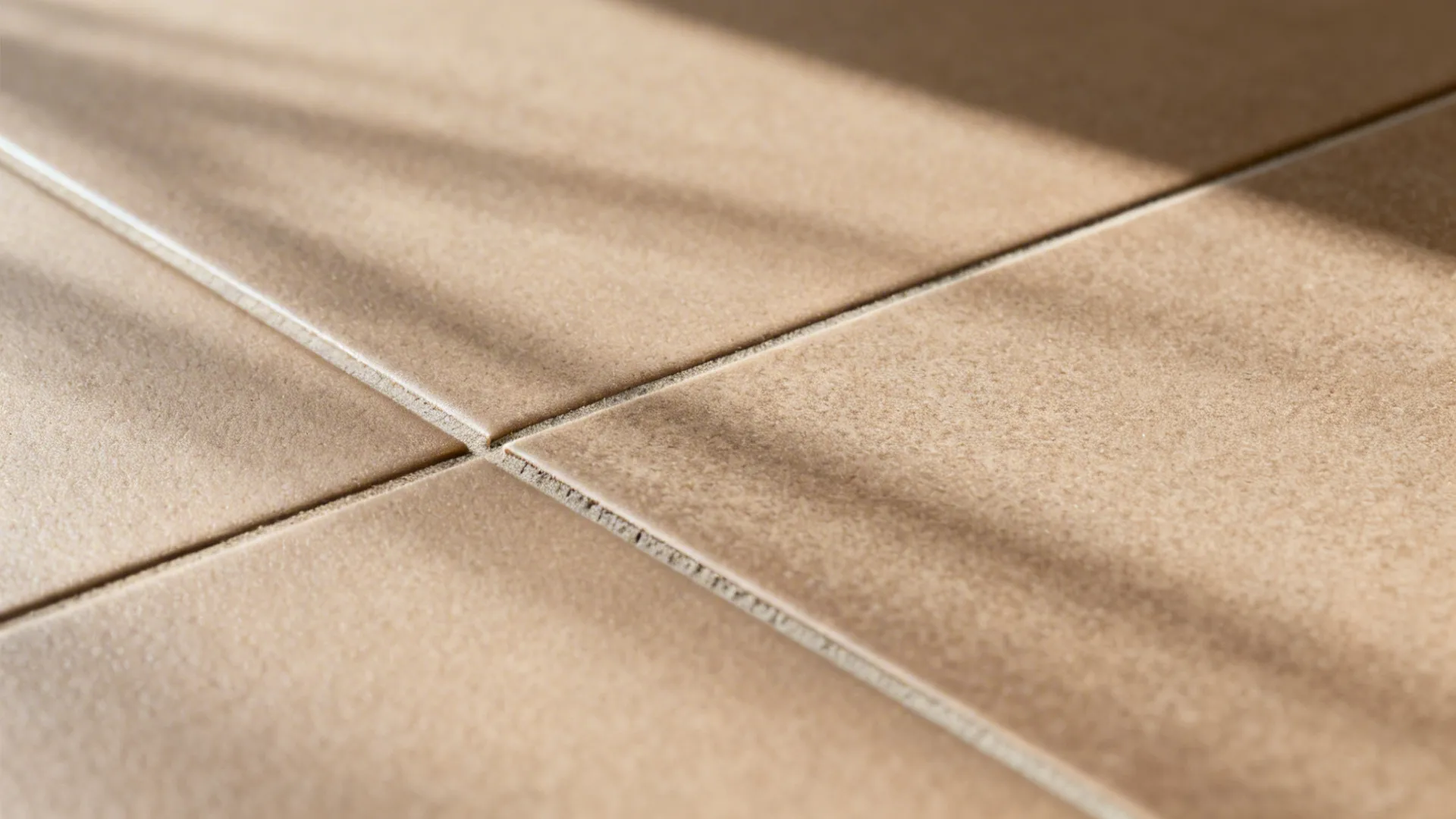 Beige matte floor tiles with clean grout lines and soft sunlight shadows from a side window