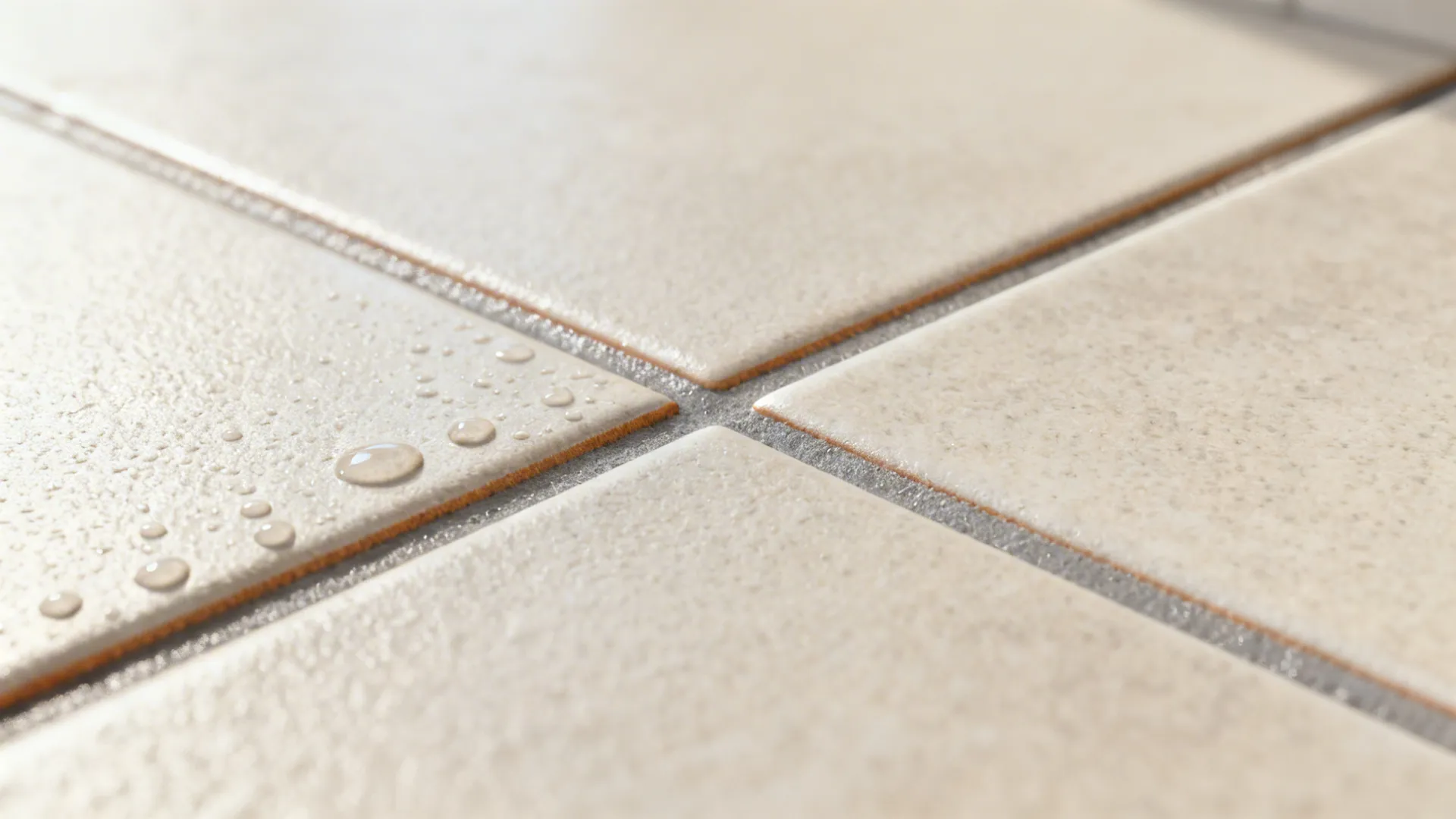 Macro of matte porcelain tile texture with warm gray epoxy grout under soft daylight.
