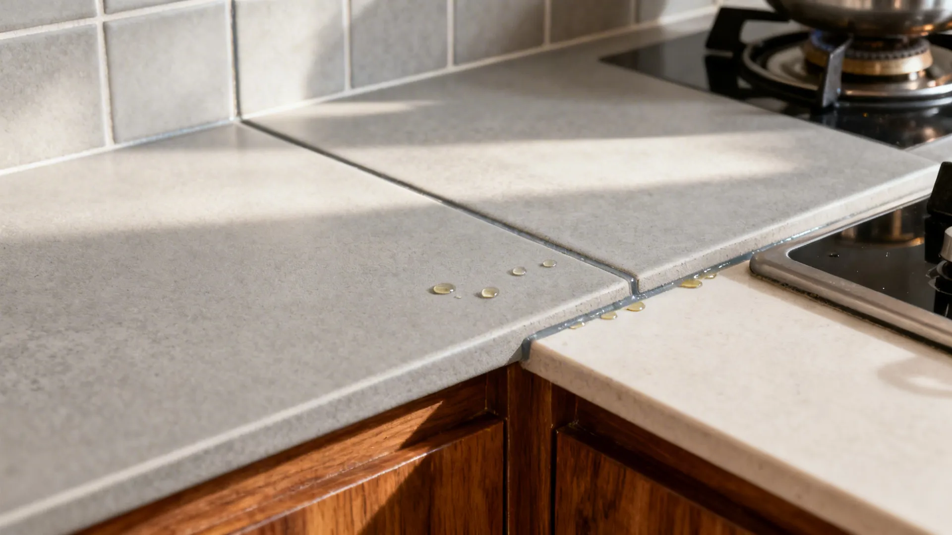 Macro view of matte dove-gray porcelain backsplash with neat grout and soft sheen.