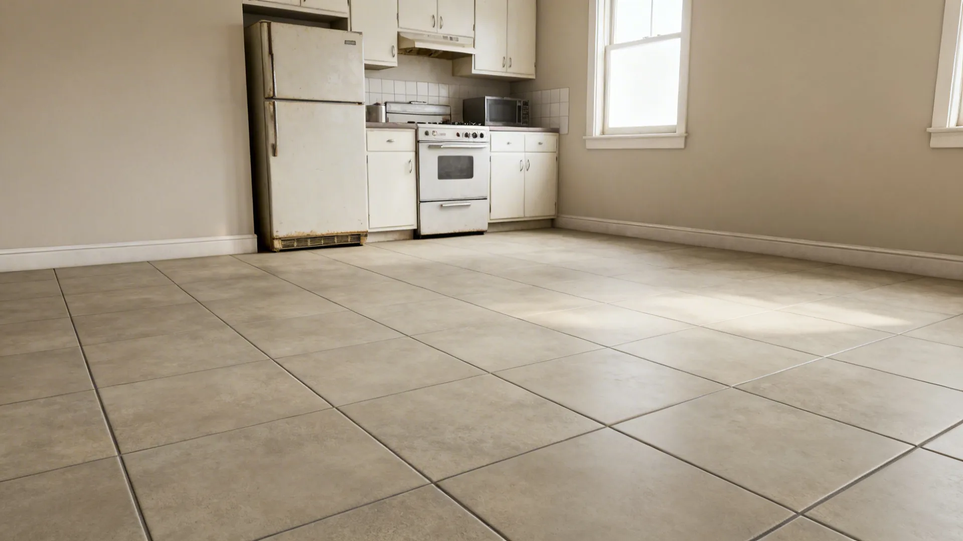 Small Pune kitchen with matte greige porcelain floor and neutral wall tiles.