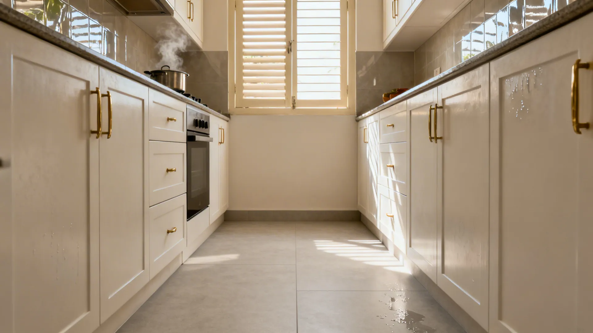 Narrow kitchen with white cabinets, gold handles, steaming pot, window shutters, and light floor tiles