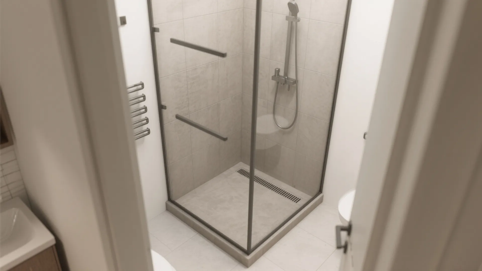 Modern bathroom glass shower room with beige wall tiles plus a metal shower head set