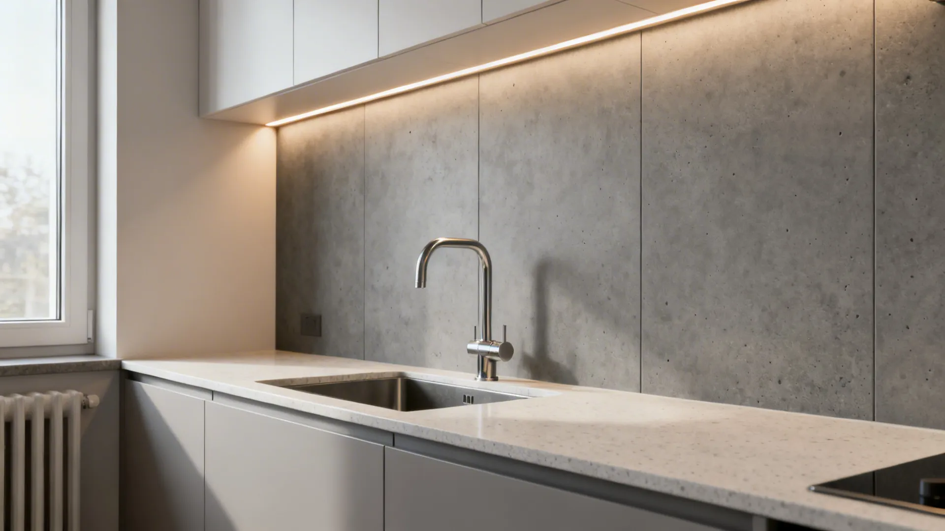 Large-format matte grey porcelain wall behind a sink with minimal grout lines.
