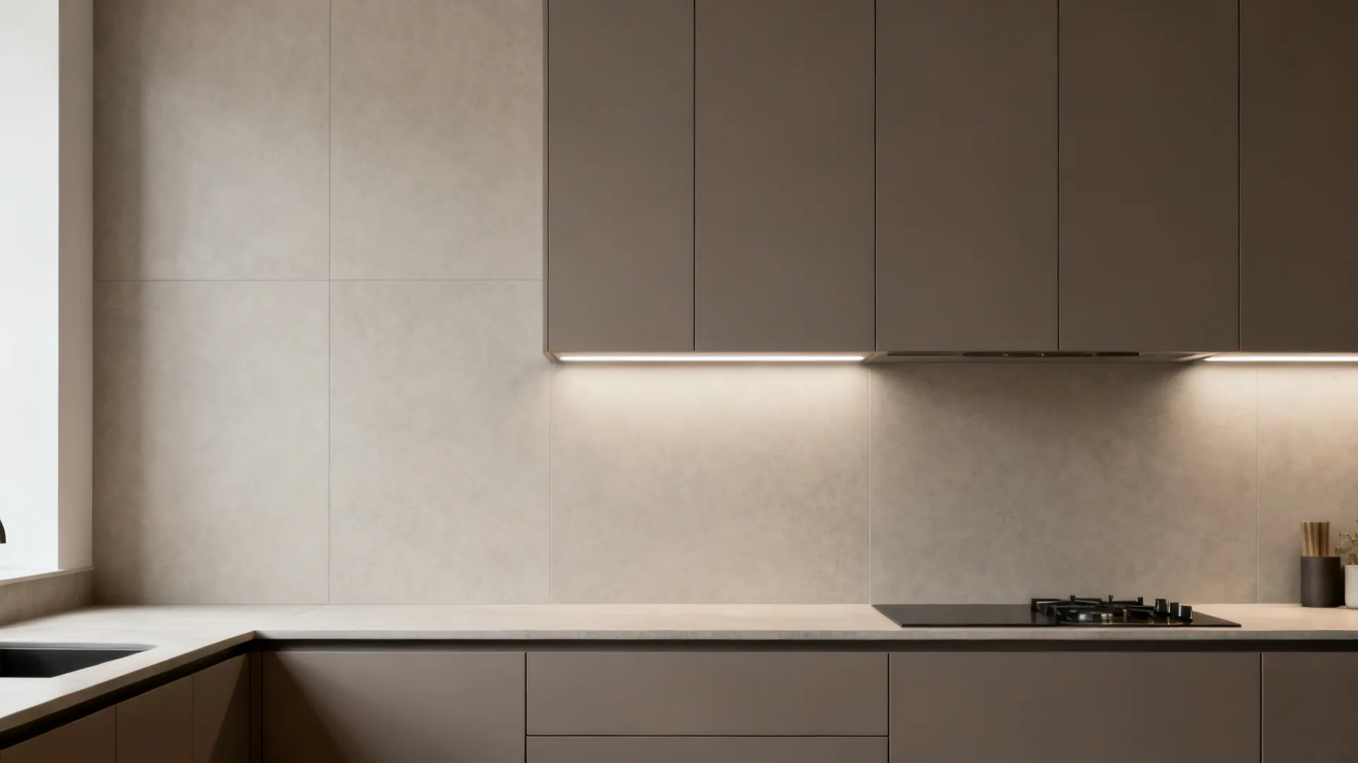 Large-format matte porcelain slab backsplash creating a seamless, calm look in a studio kitchen.