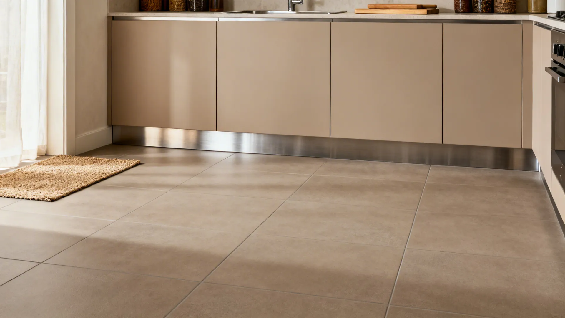 Modern kitchen with large matte taupe floor tiles, beige cabinets, metal base, and small floor rug