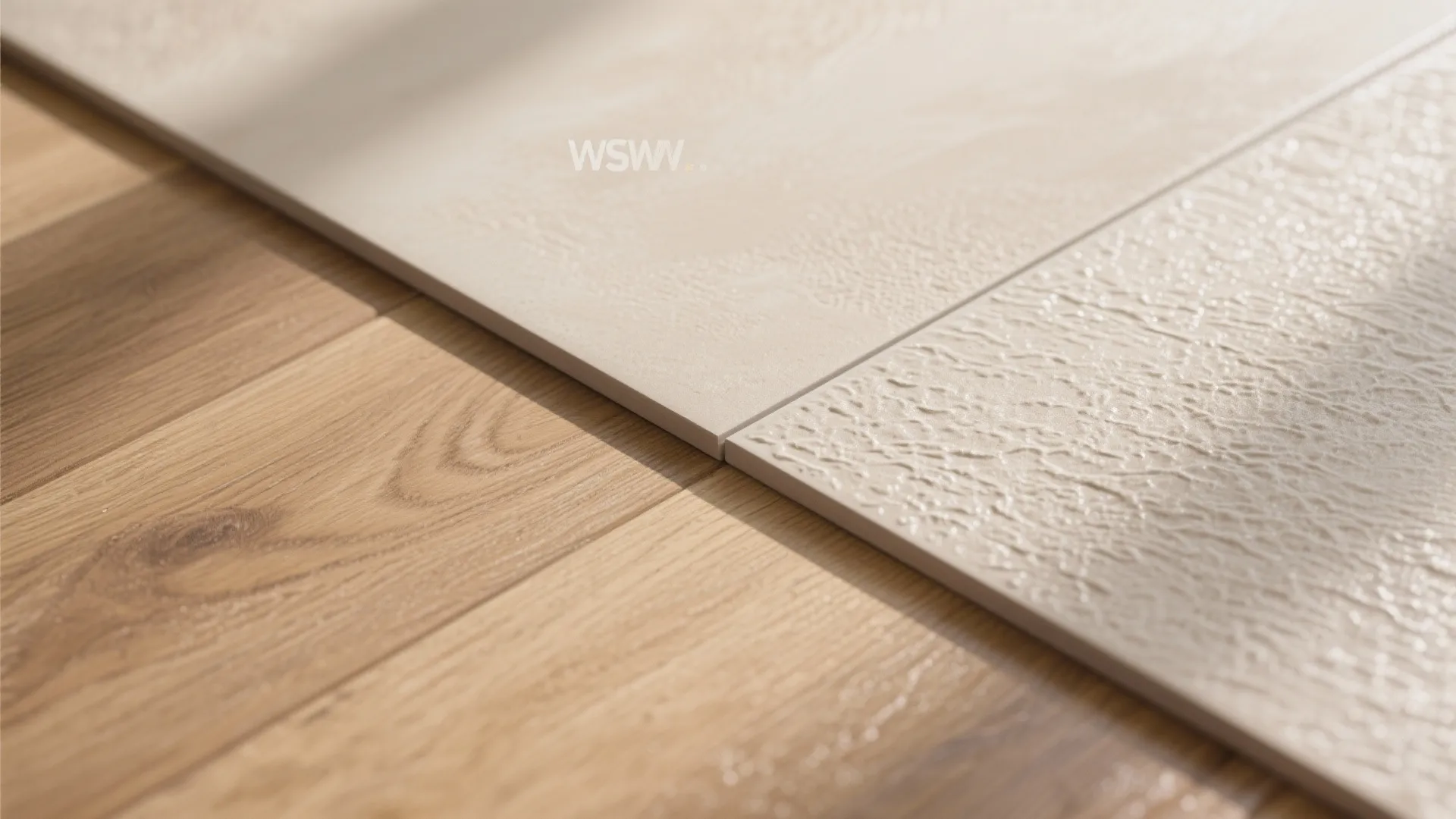 Close up view of light beige floor tiles with textured surface next to wooden flooring