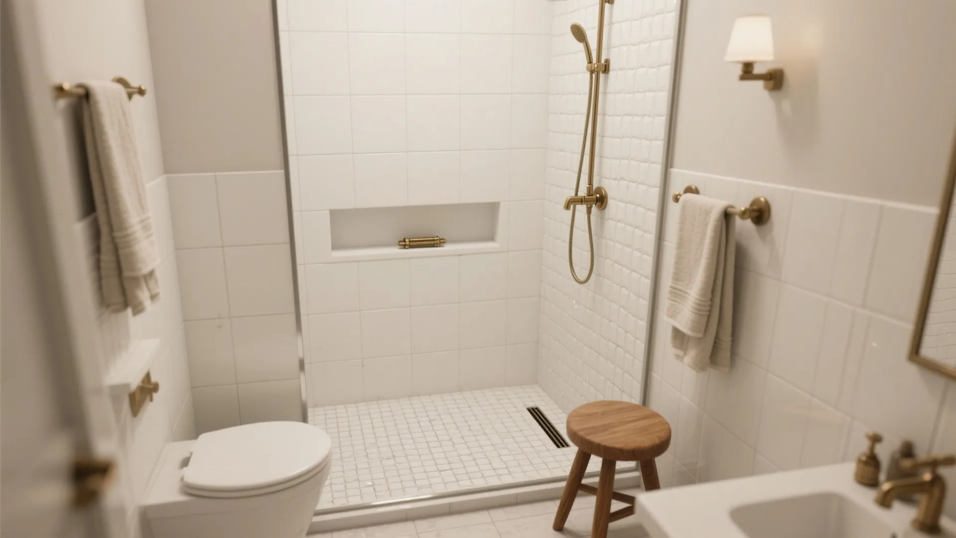 4) Warm matte porcelain with textured floor for slip resistance