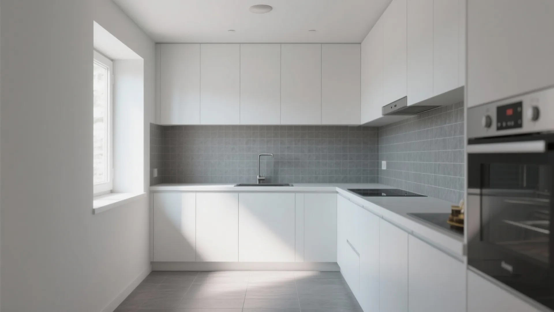 Modern white kitchen with grey wall tiles and white cabinets and built-in oven and sink