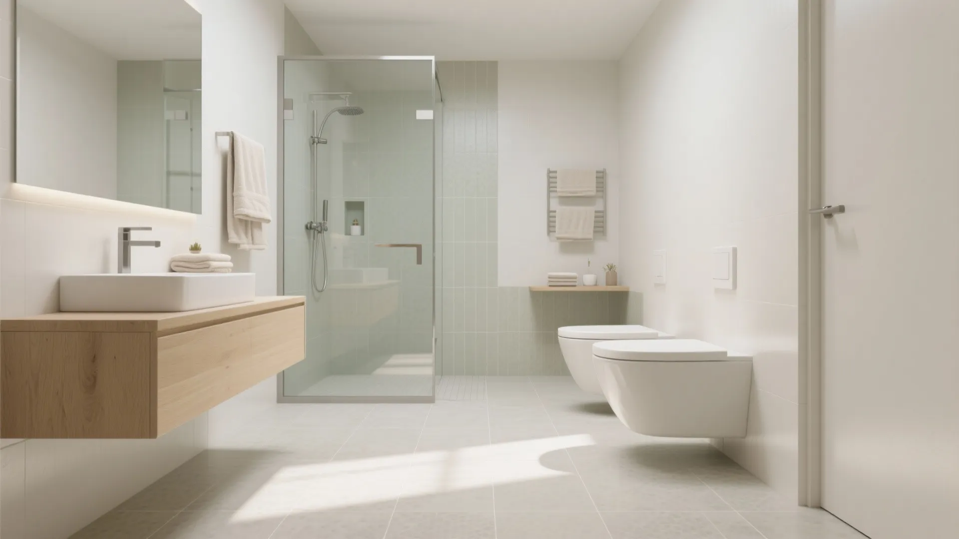 Minimalist bathroom interior with glass shower cabin wooden sink cabinet white toilets and light tiles