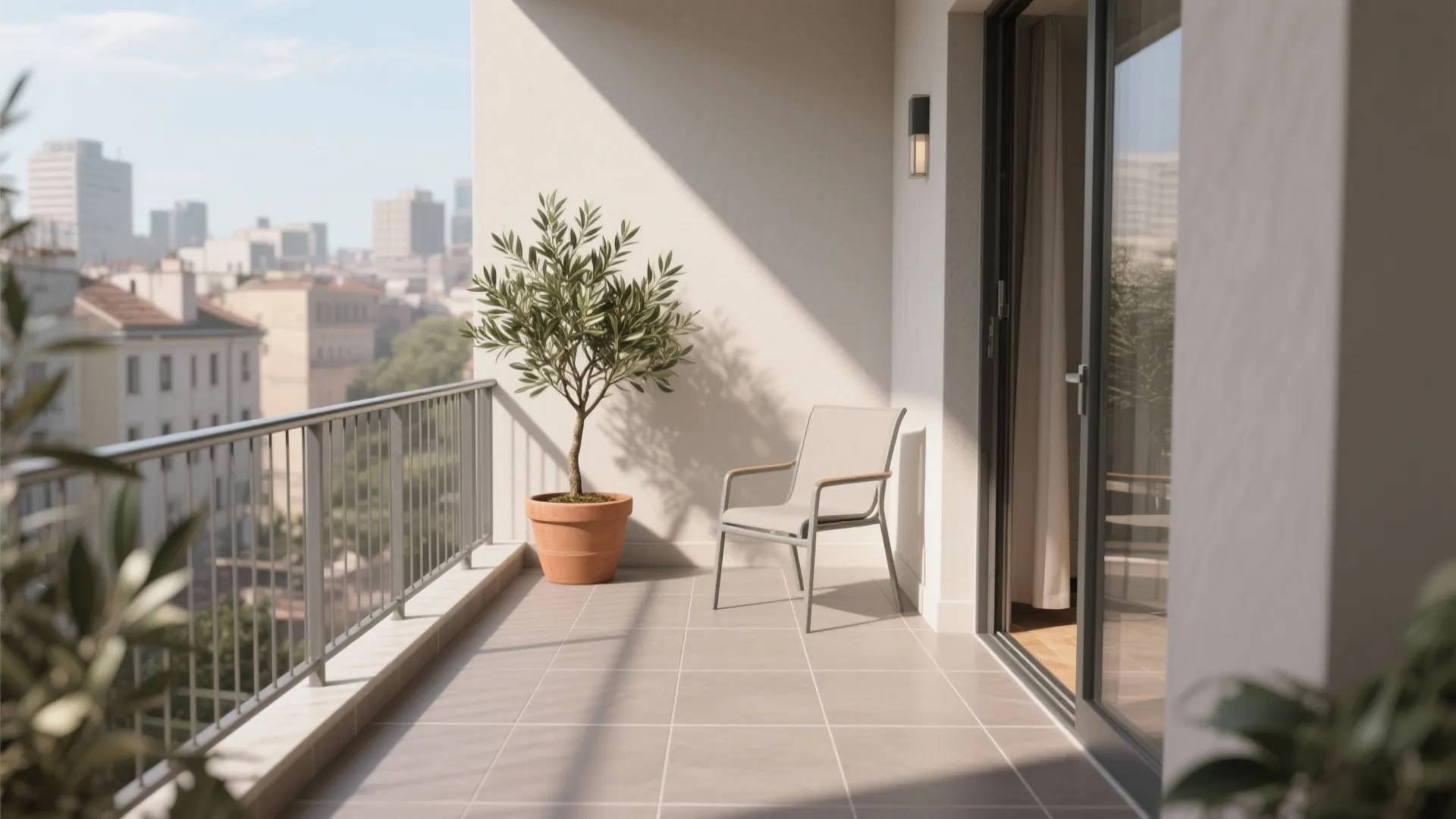 Compact balcony with 600x600 soft taupe matte porcelain tiles viewed from the doorway.