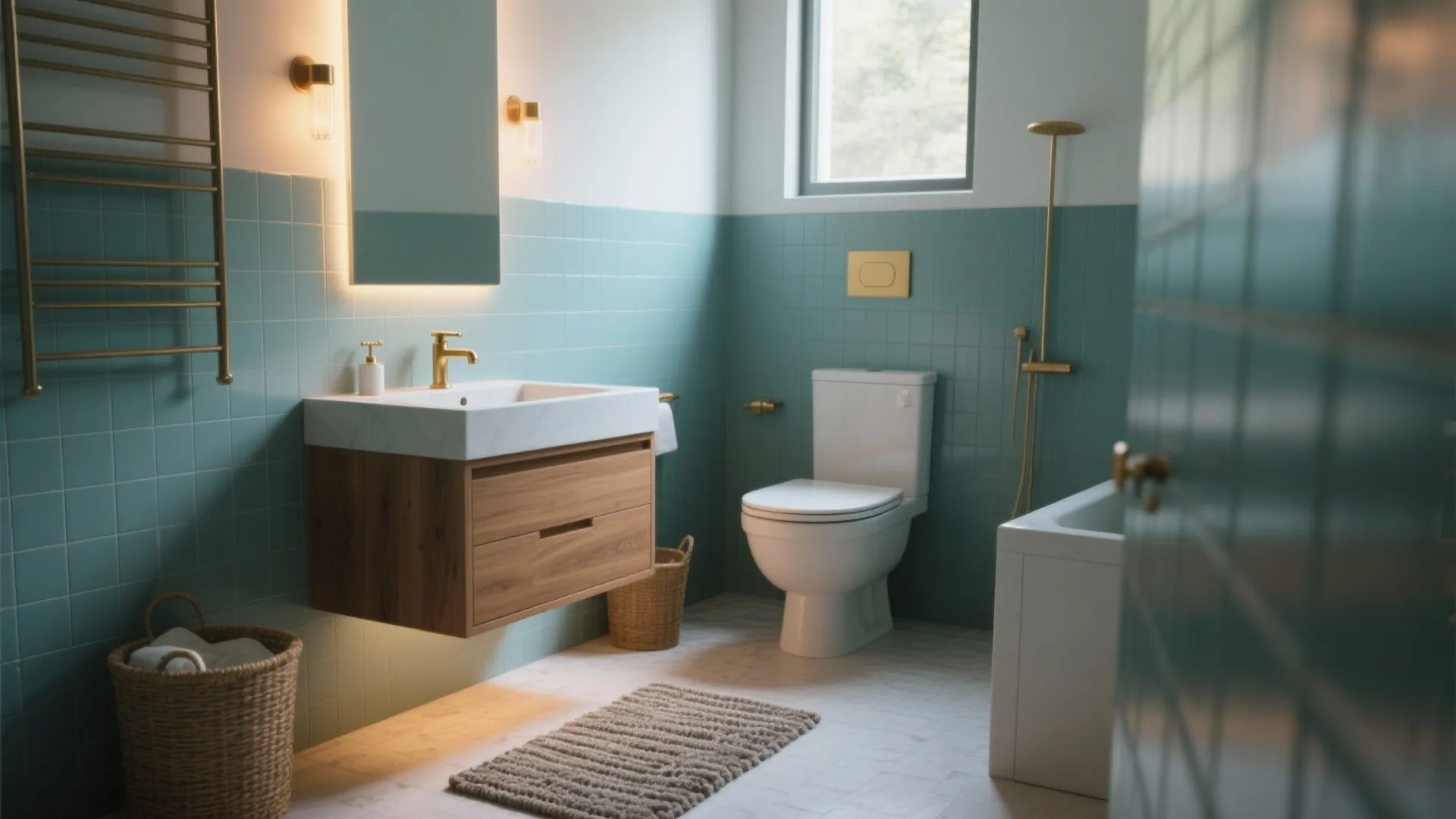 Modern bathroom with teal wall tiles wooden sink cabinet white toilet and gold color light fixtures