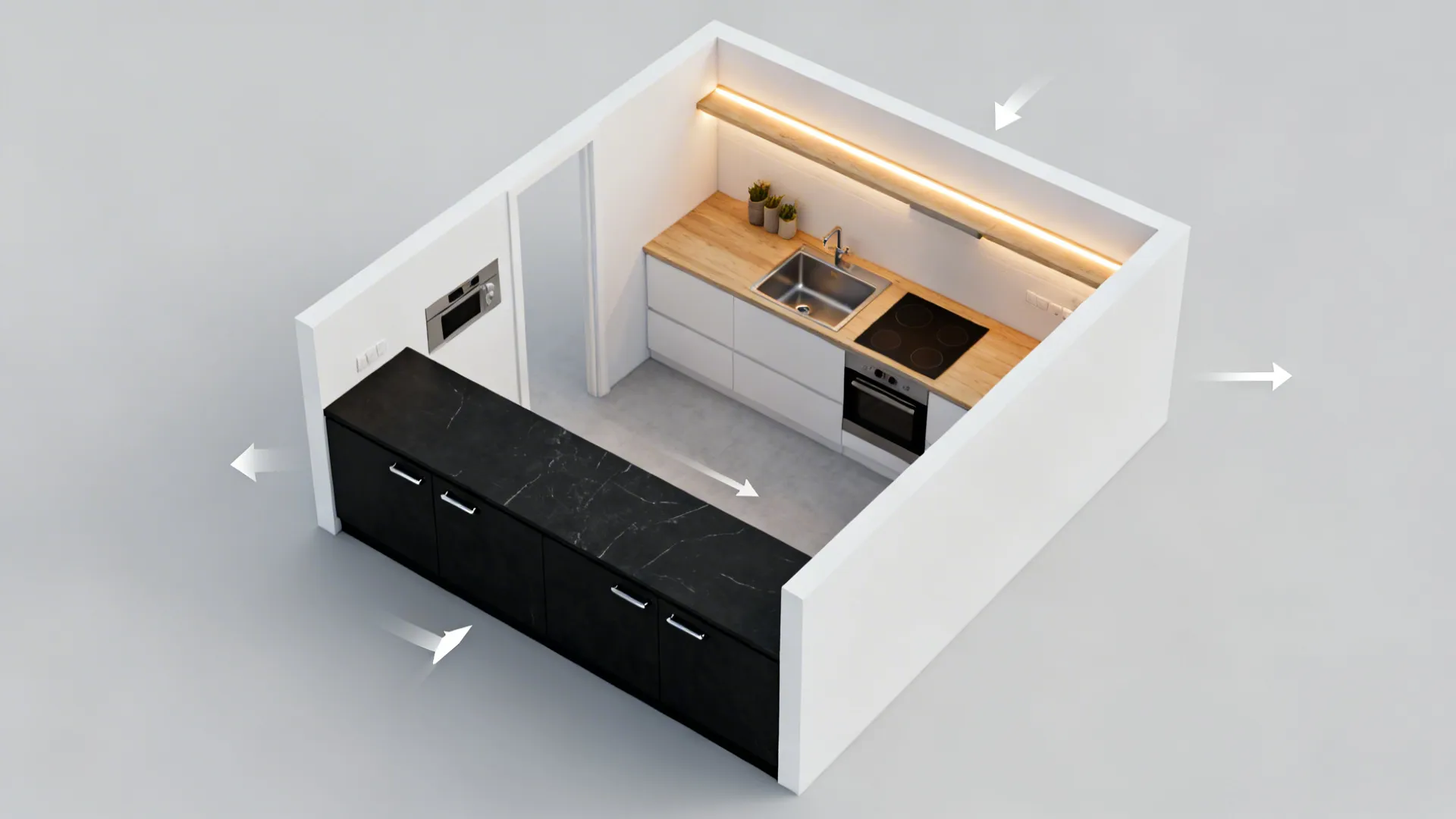 Top-down layout board showing black slab lowers, white walls, and warm LED lighting plan.
