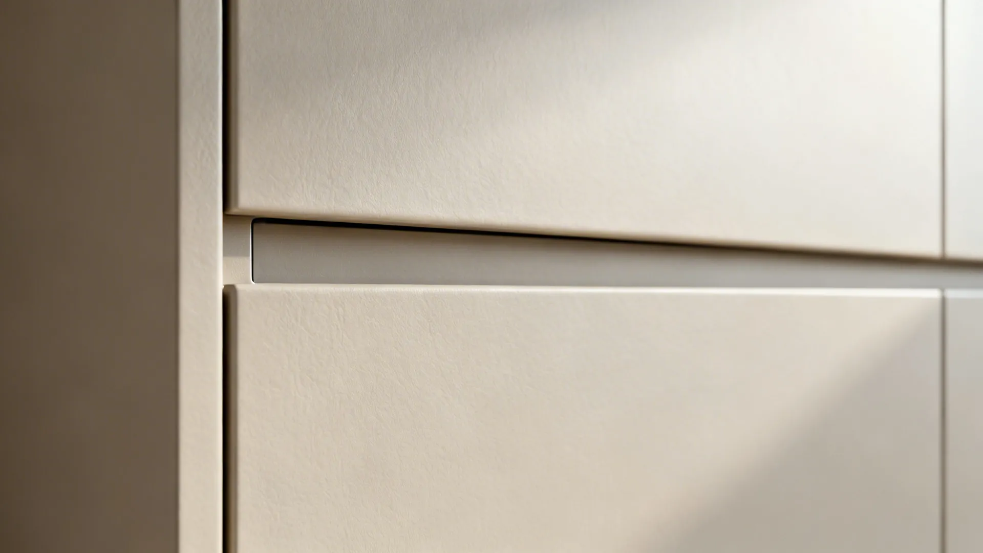 Close-up of a matte cabinet door with an integrated finger-pull and precise edge banding.