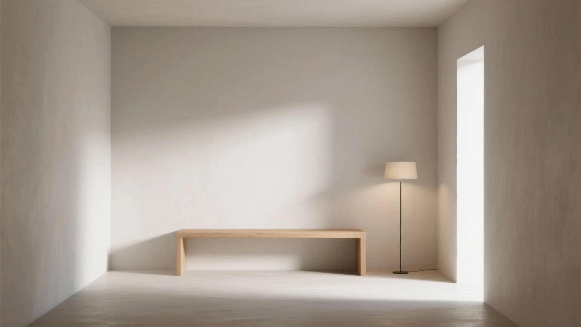 Minimalist room with beige walls featuring wooden bench and floor lamp under soft warm lighting