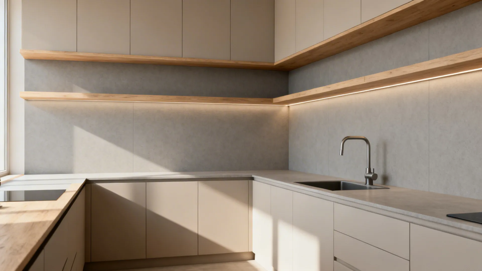 Seamless matte light gray PVC backsplash with pale oak shelves in a small kitchen.