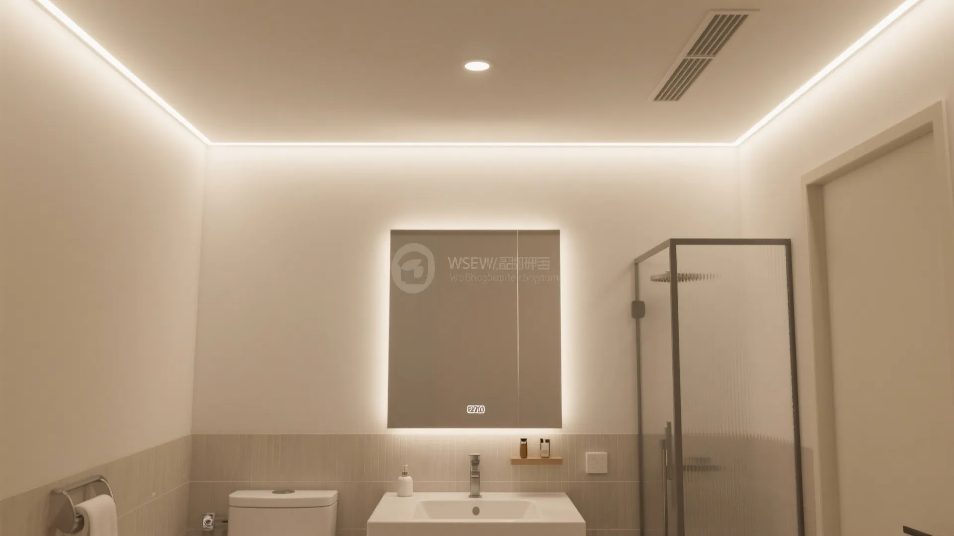 Modern bathroom interior design with glowing mirror light and ceiling light fixtures in warm white