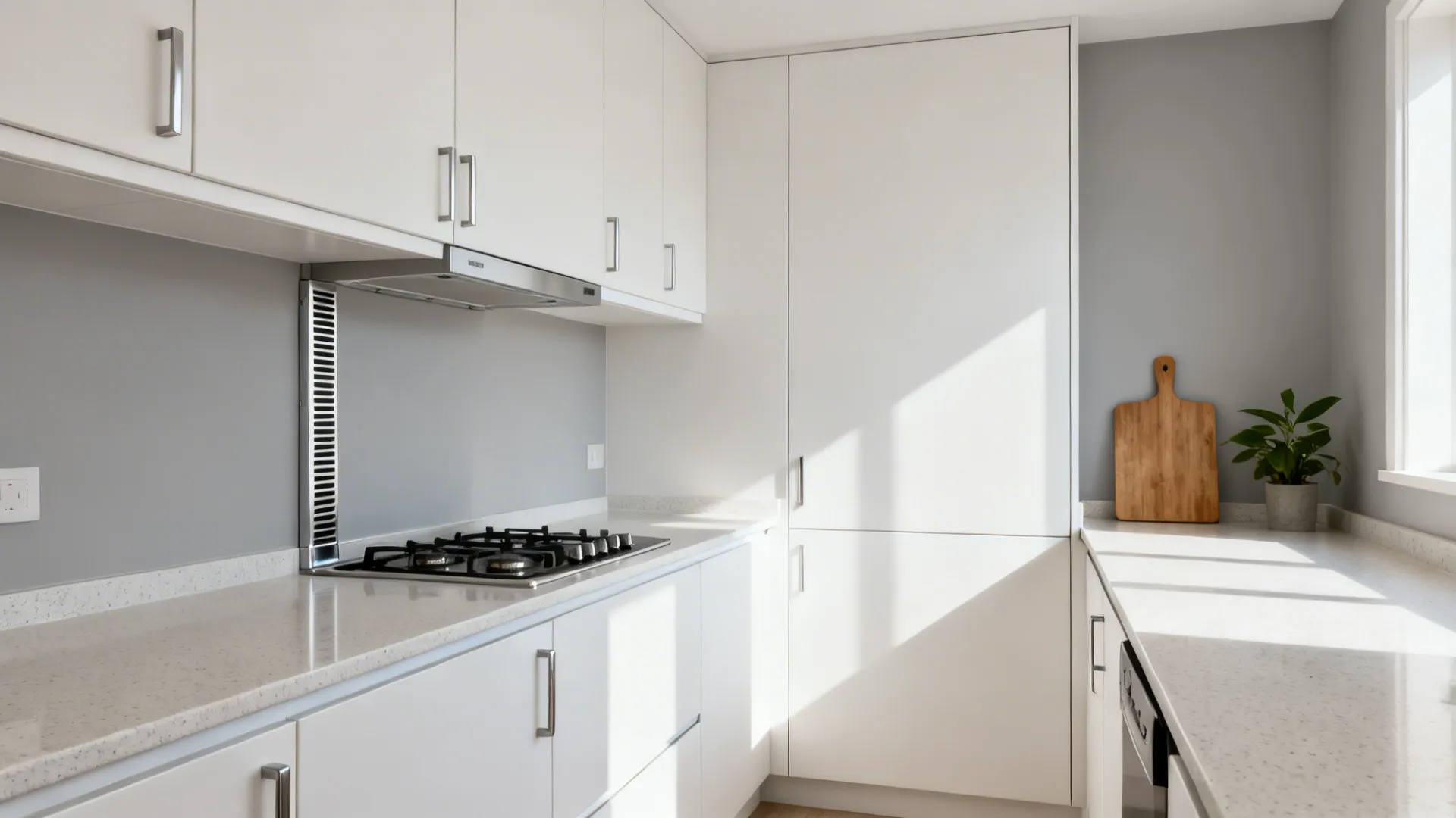 Minimalist matte PVC cabinet fronts with seamless edges in a small galley kitchen.
