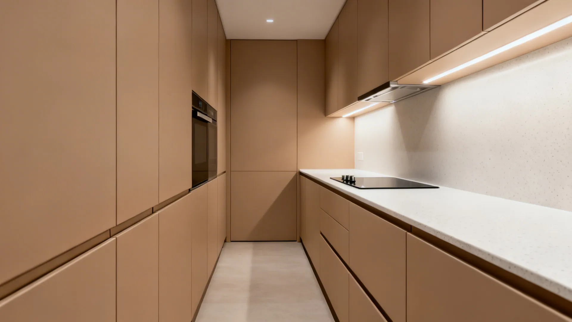 Narrow galley kitchen with matte clay-beige PVC cupboards and low-glare lighting.