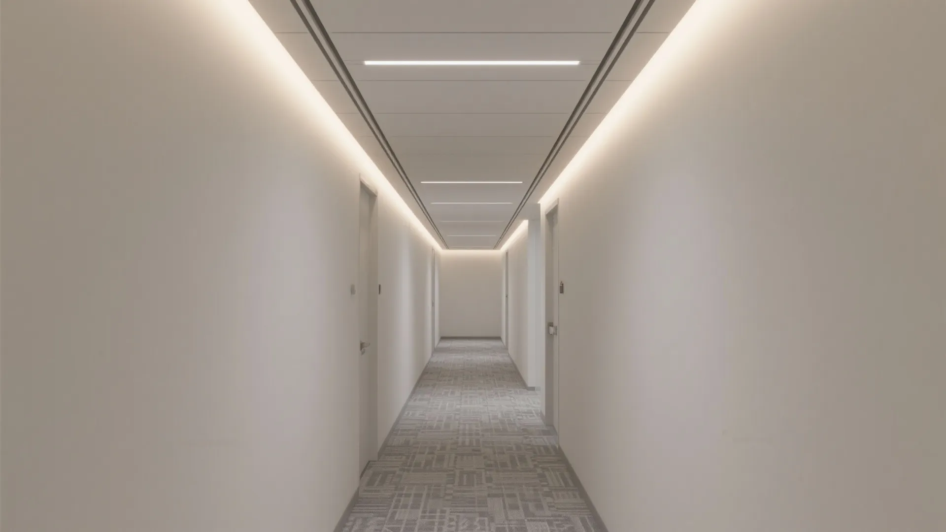 Compact hall with matte white PVC ceiling, shadow gaps, and warm linear lighting.
