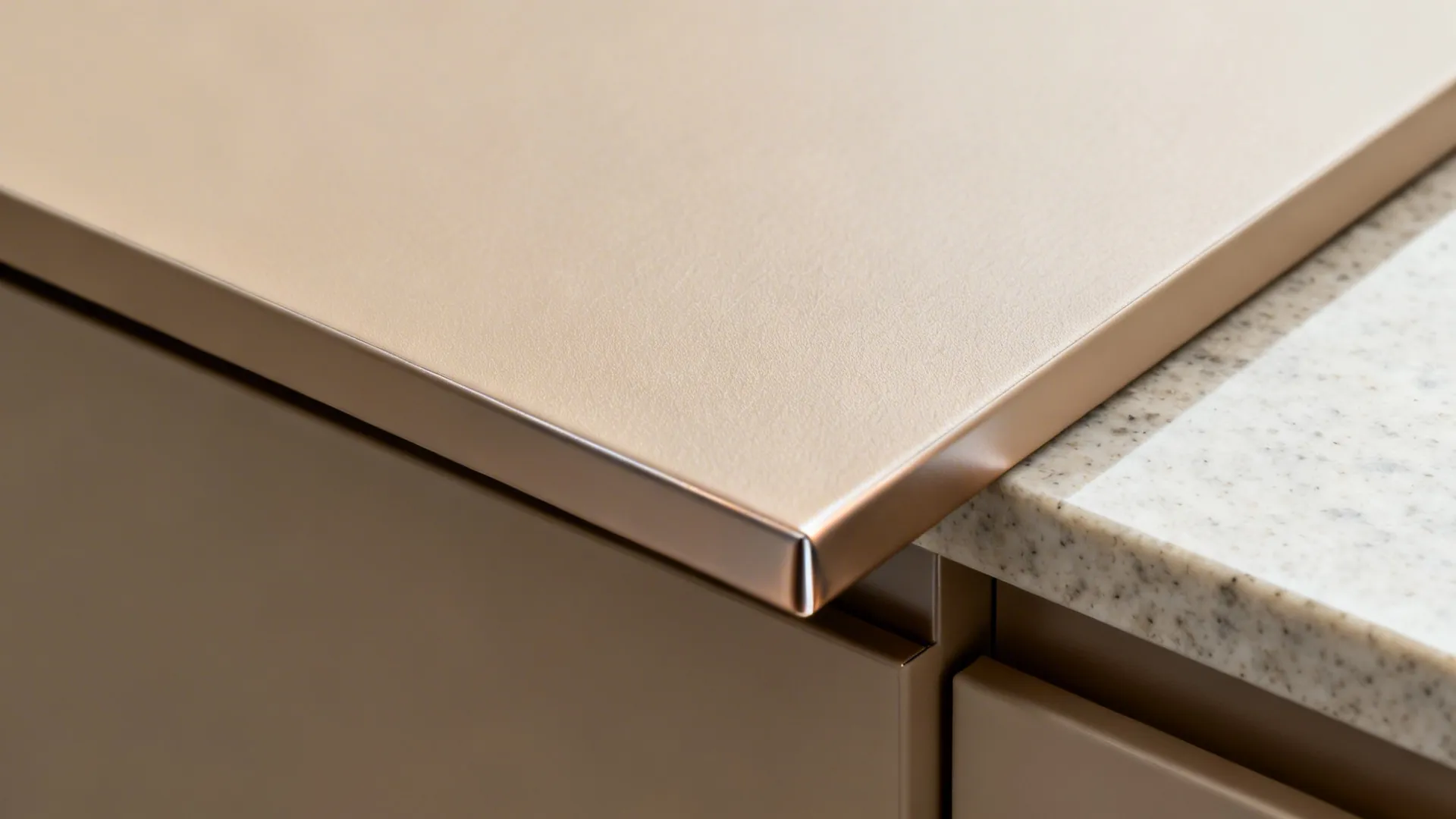 Macro of soft-touch matte PVC door edge with heat-formed wrap in clay beige.