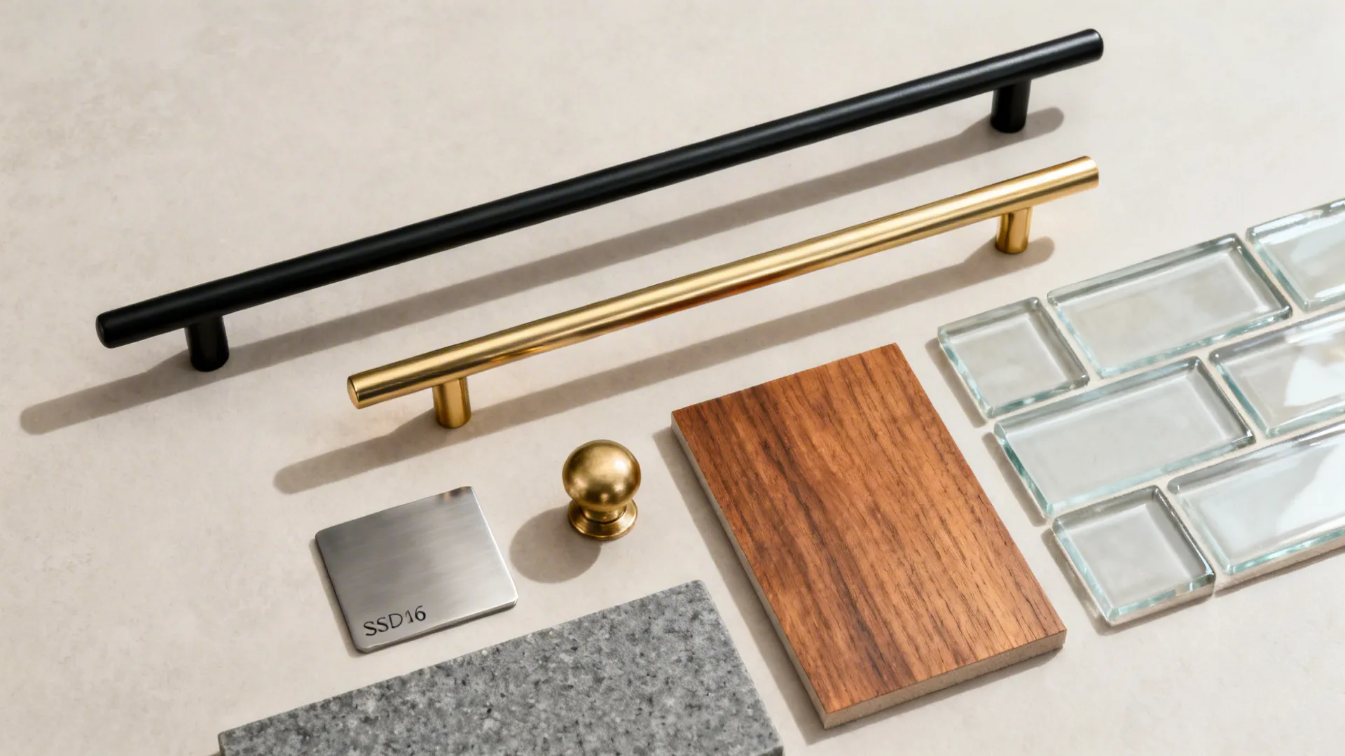Flat lay of matte black, PVD gold, and stainless hardware with wood and stone swatches.