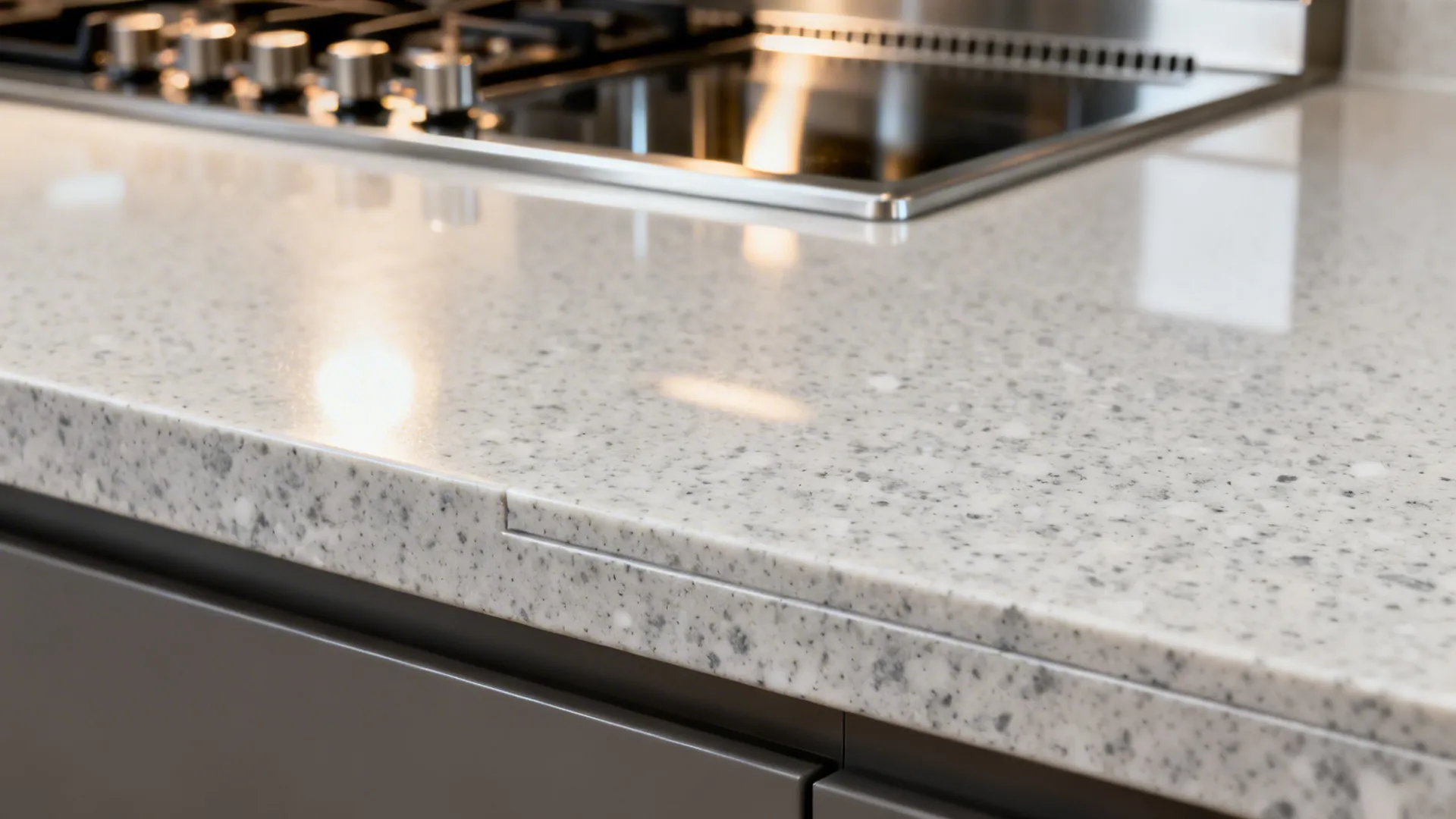 Close-up of matte quartz countertop beside a stainless range and hood controls.