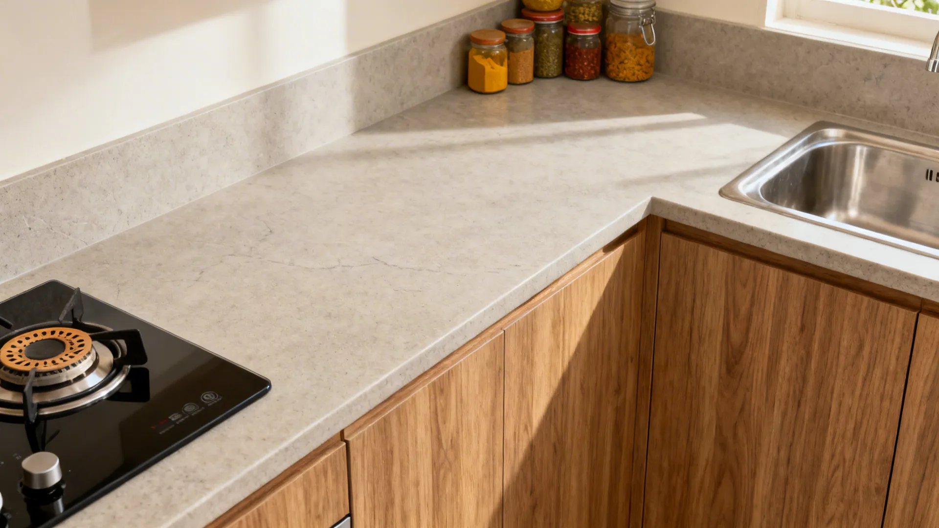 Grey matte quartz kitchen countertop with wooden cabinets gas stove sink and glass spice jars