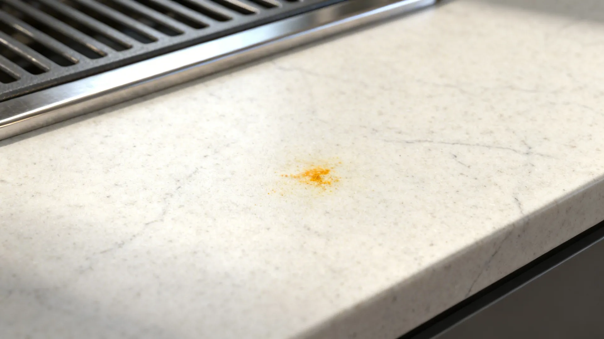 Close up of a small orange food stain on a white matte stone kitchen countertop surface