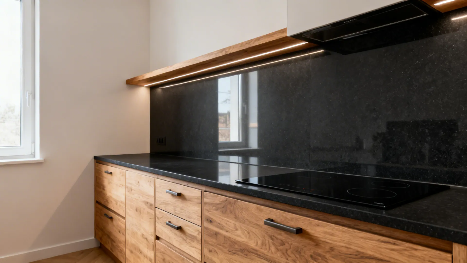 Matte Black Quartz with Warm Wood Accents