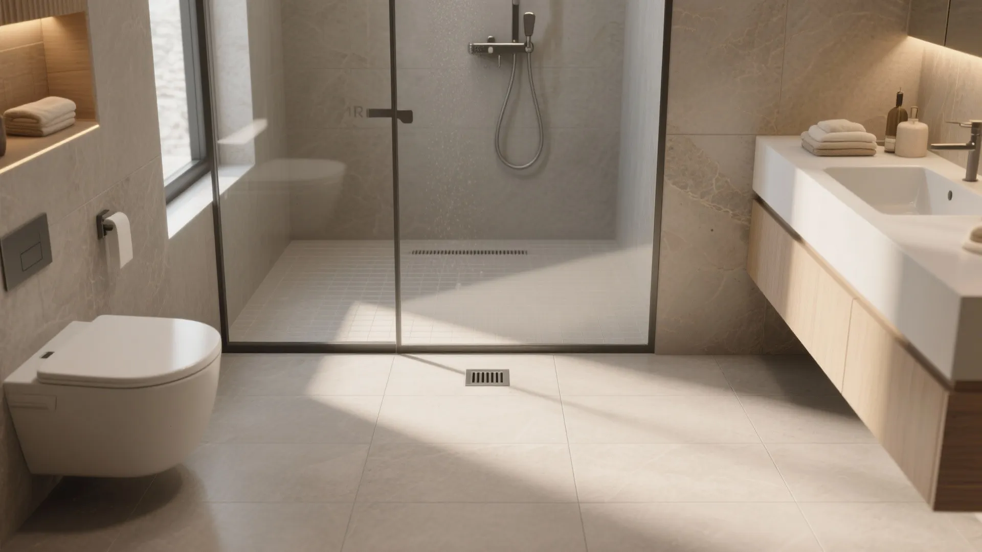 Minimalist bathroom interior featuring a glass shower door white toilet wooden cabinet and matte floor tiles