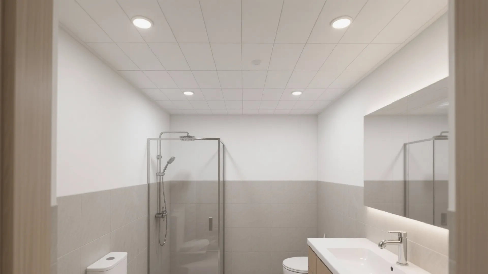 Minimalist bathroom interior with white ceiling lights glass shower door white sink and large wall mirror