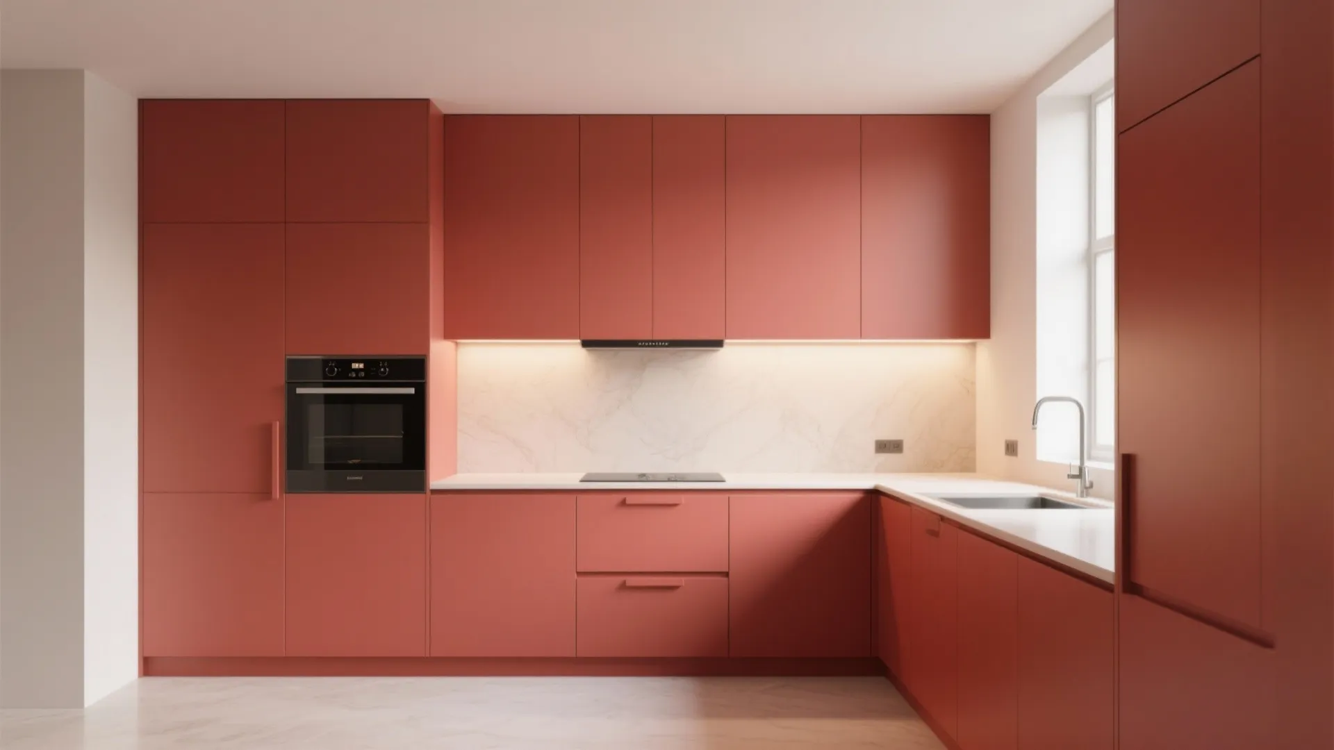 Modern minimalist kitchen with matte red cabinets white marble backsplash built in oven and large window
