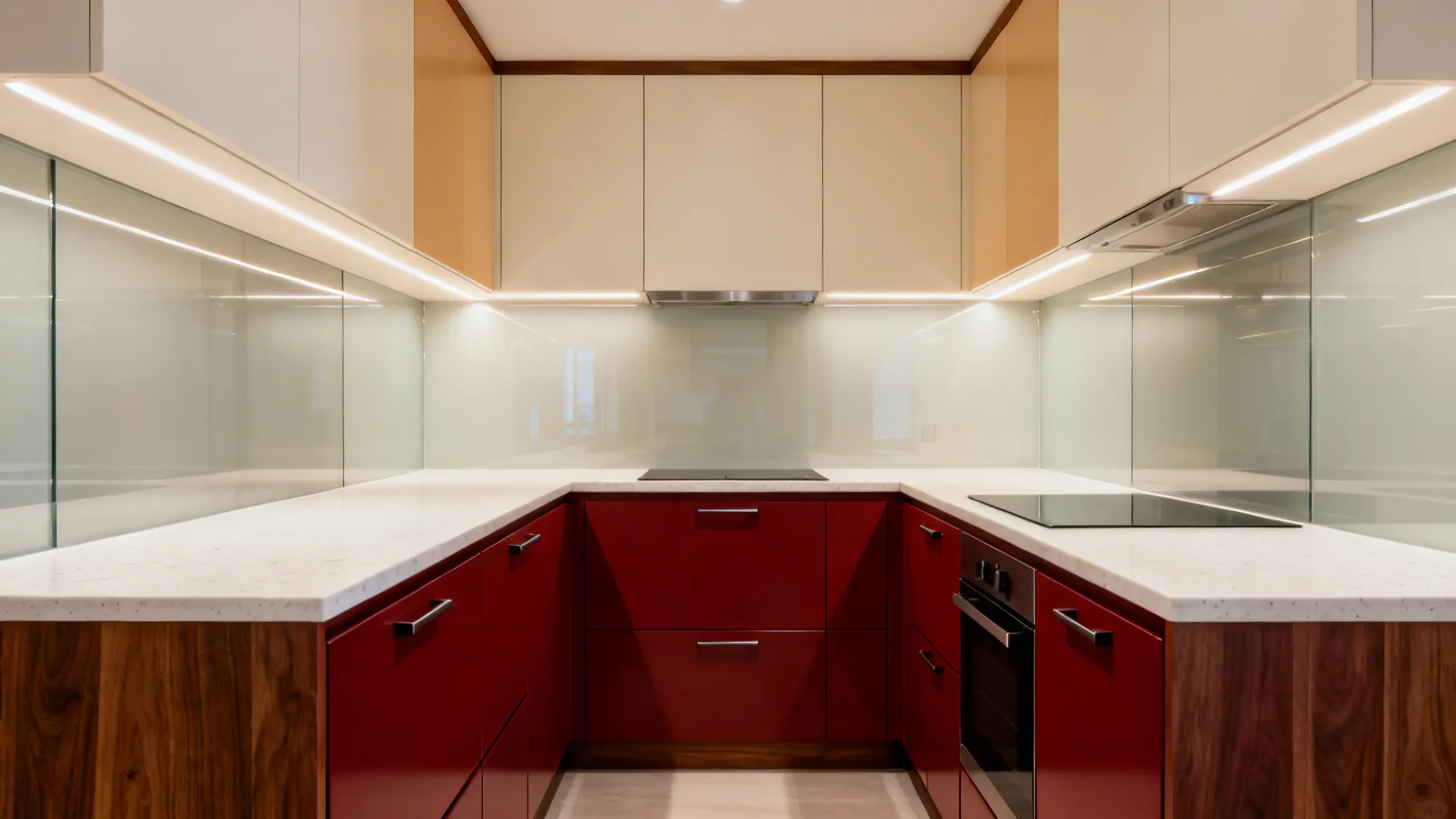 Galley kitchen with matte cherry red base cabinets and neutral uppers for low-glare balance.