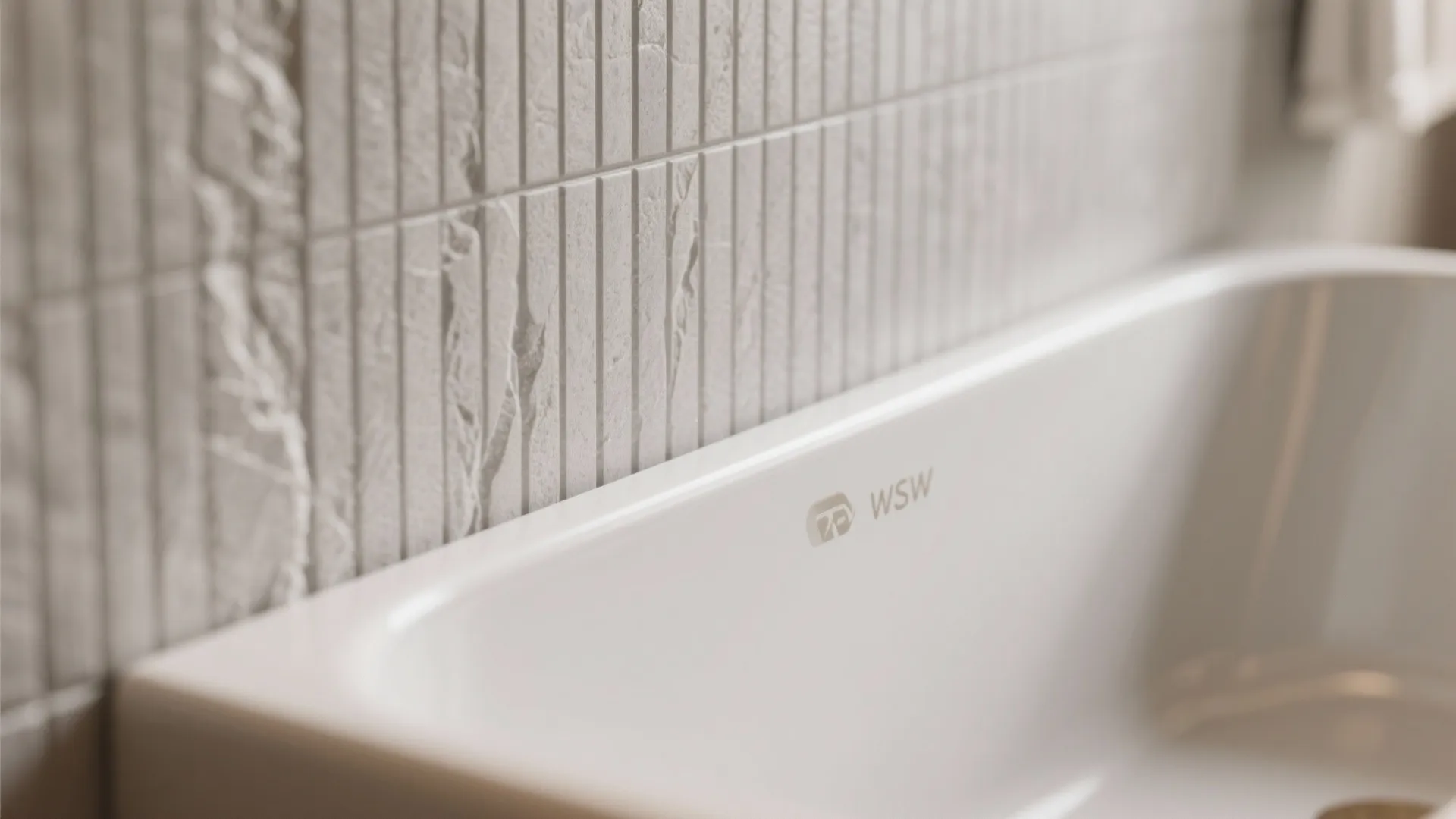 Close up view of a white bathtub against a textured grey stone wall tile background