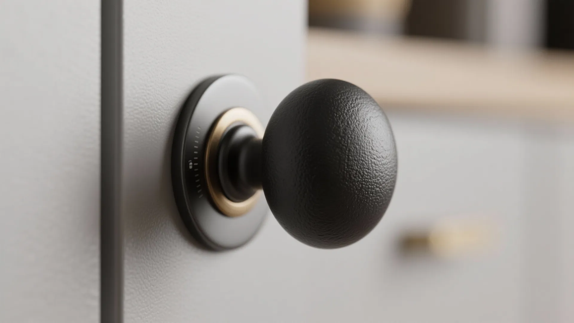 Close up view of a round black textured door handle on a white cabinet door