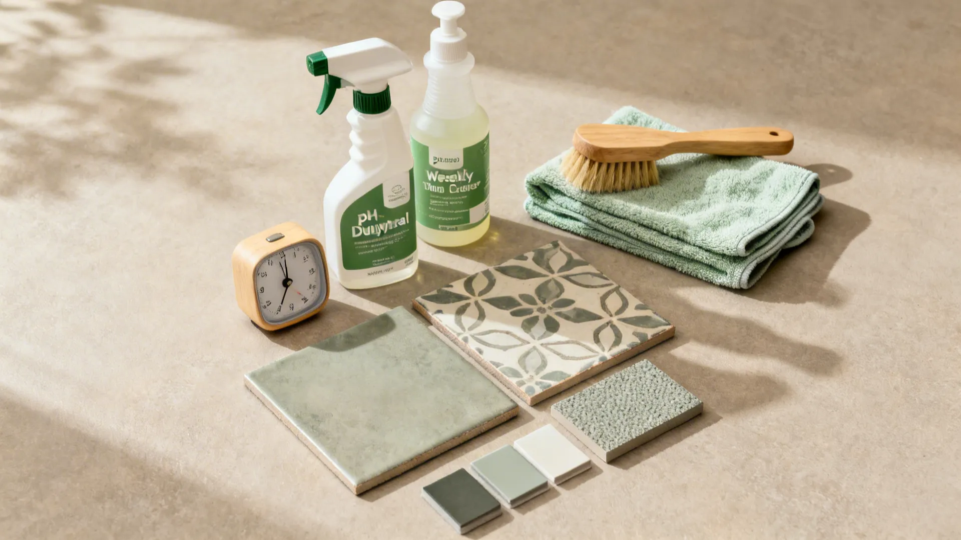 Flatlay of matte and patterned porcelain tiles with daily and weekly cleaning tools.