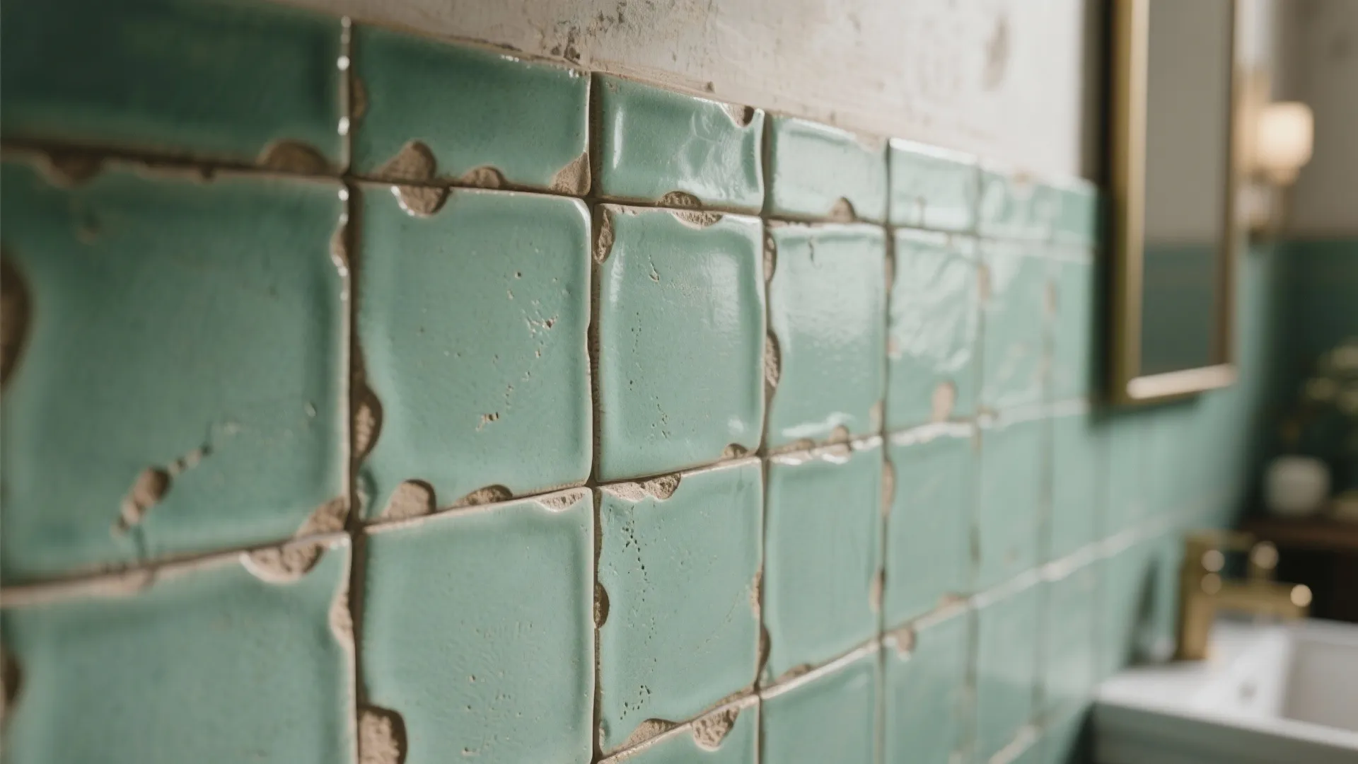 Close up of sage green square wall tiles with handmade texture in a modern bathroom design