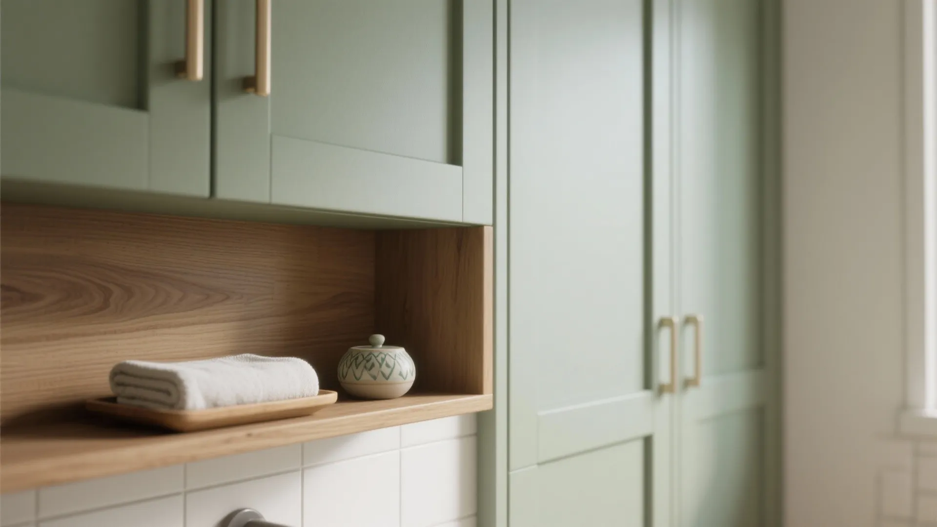 1. Matte Sage Cabinets with Warm Wood Accents