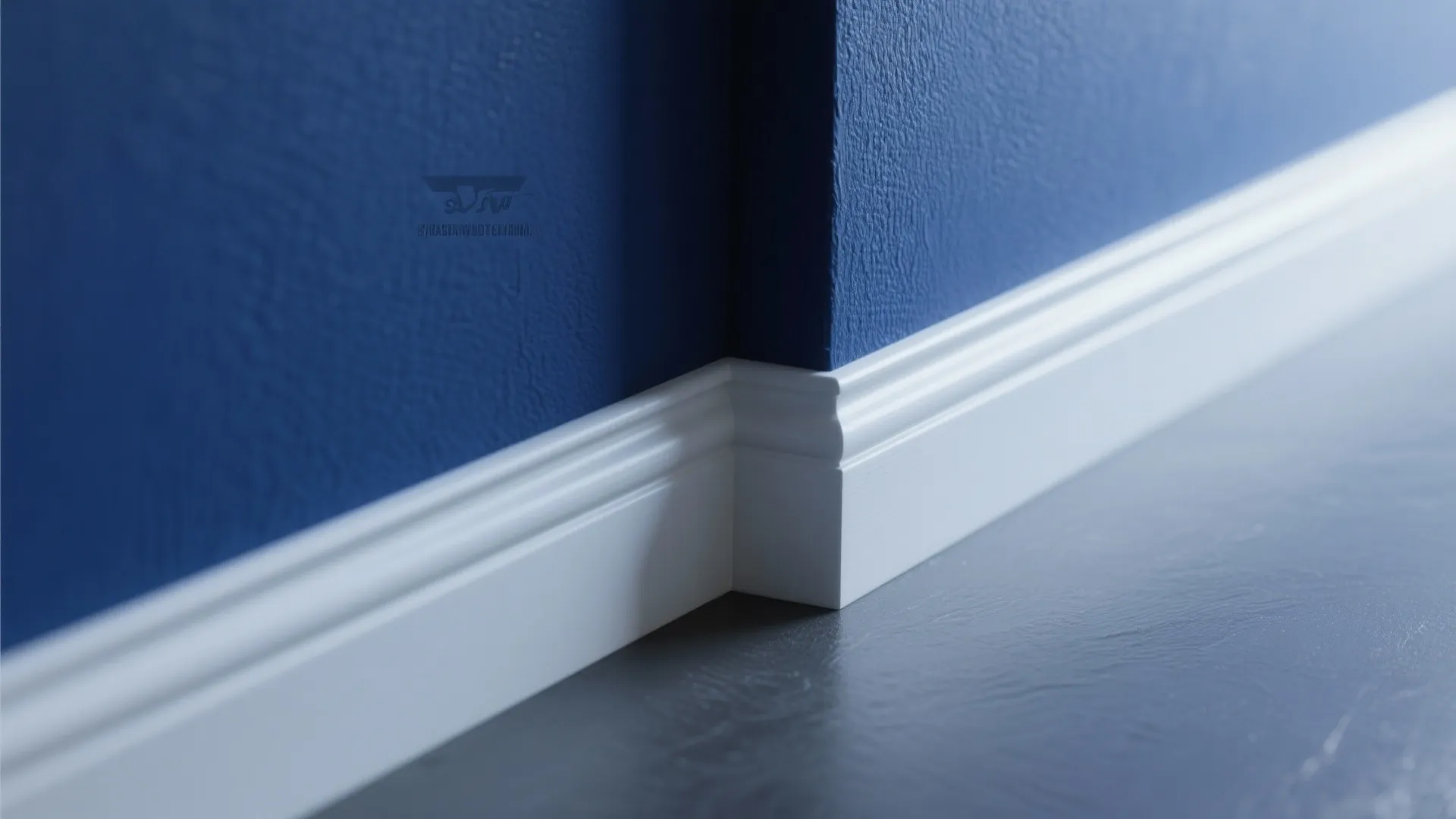 Close up of white wall panel baseboard detail against dark blue wall and grey floor