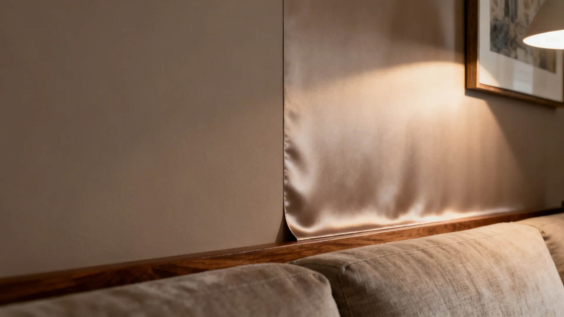Macro detail of taupe wall showing matte finish transitioning to a satin panel catching lamp light.
