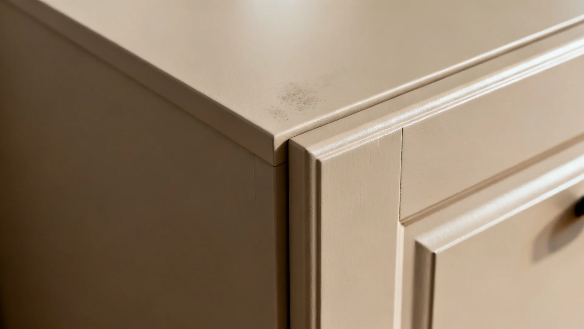 Macro of matte taupe cabinet face meeting a slightly satin frame with an edge pull.