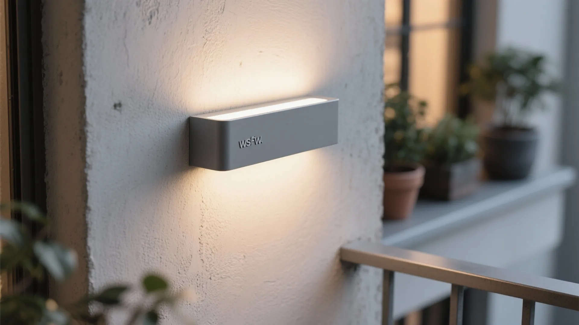 Modern rectangular grey wall light fixture glowing with warm light on white textured exterior wall